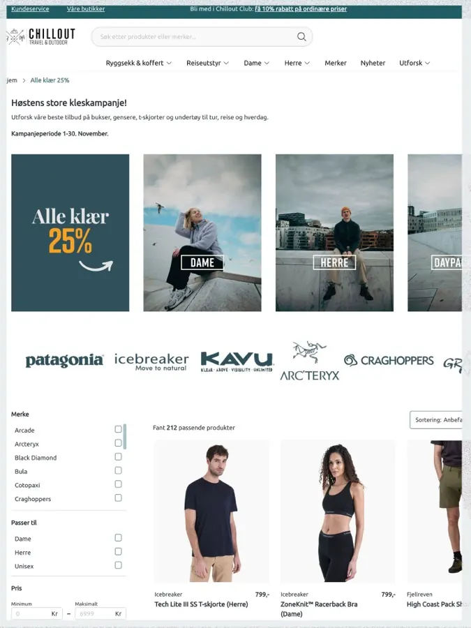 Kampanjens landingsside (PLP) i nettbutikken med kategorinavigasjon og filtrert produktutvalg